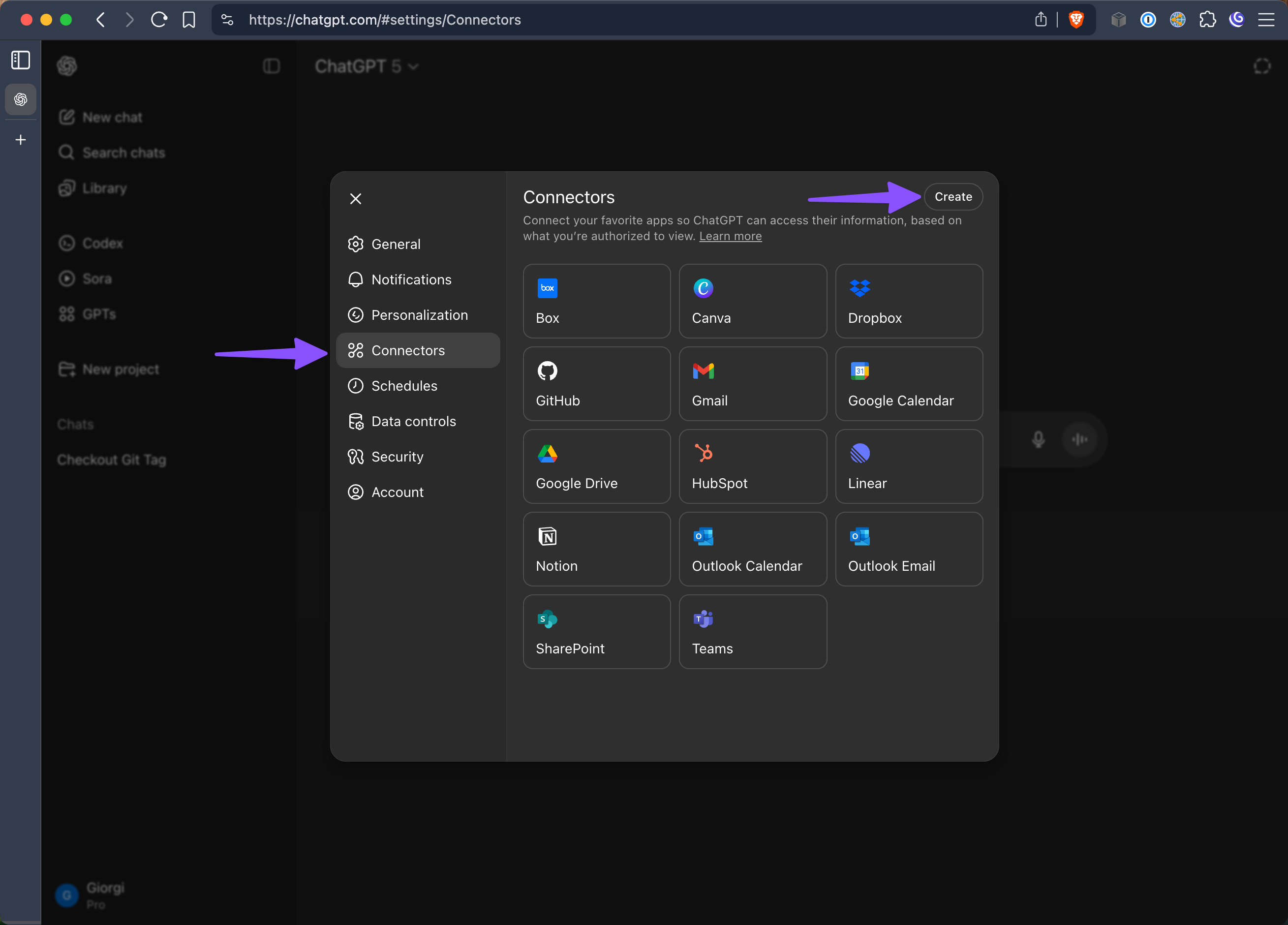 Select Connectors > Create